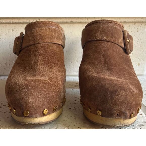 Veronica Beard Dacey Heeled Slip On Clogs Brown Suede Clogs Gold Accents Sz 11 - Picture 4 of 15